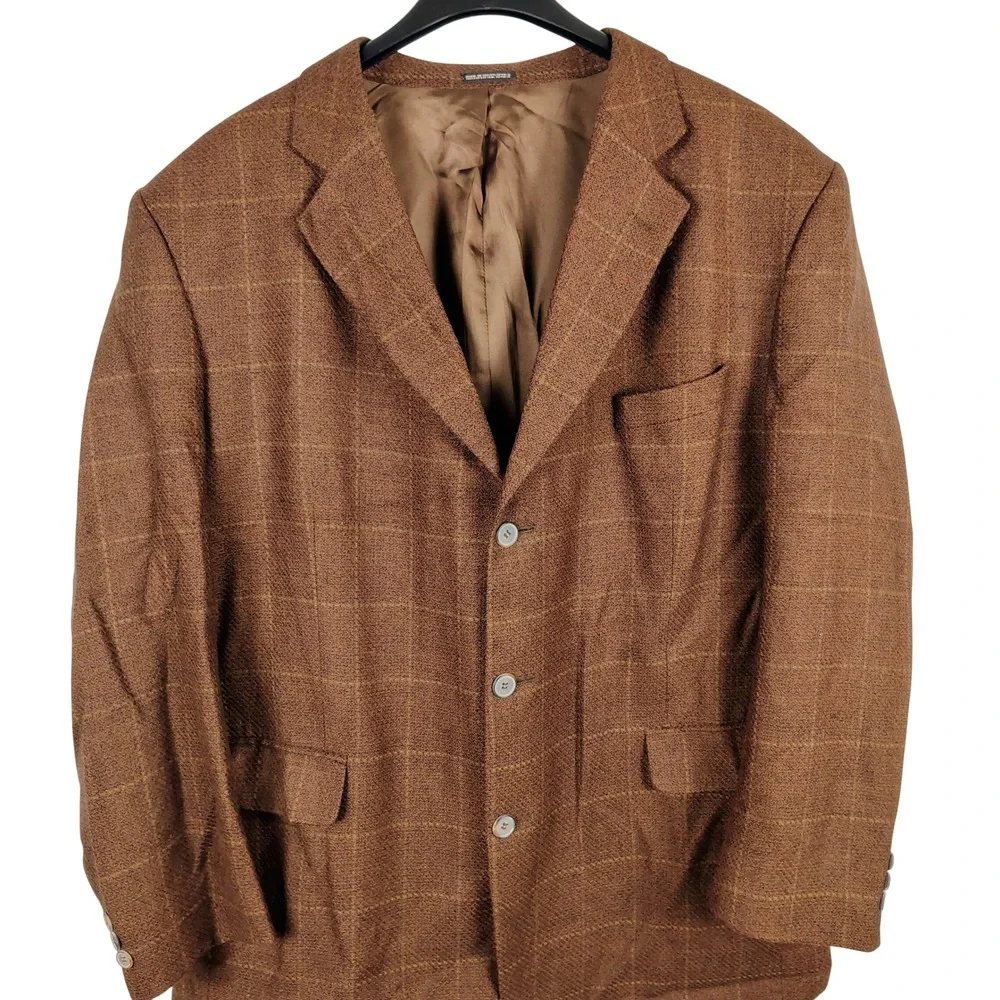 Stafford Mens SZ 48R Blazer Brown Wool Windowpane Check Dark Academia Professor